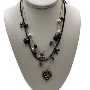 Betsey Johnson Triple Lip Kiss Pearl Polka Dot Heart Charm First Date Necklace